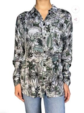 Bimba Y Lola Graphic Print Button-Up Shirt Size M Tropical Statement Blouse